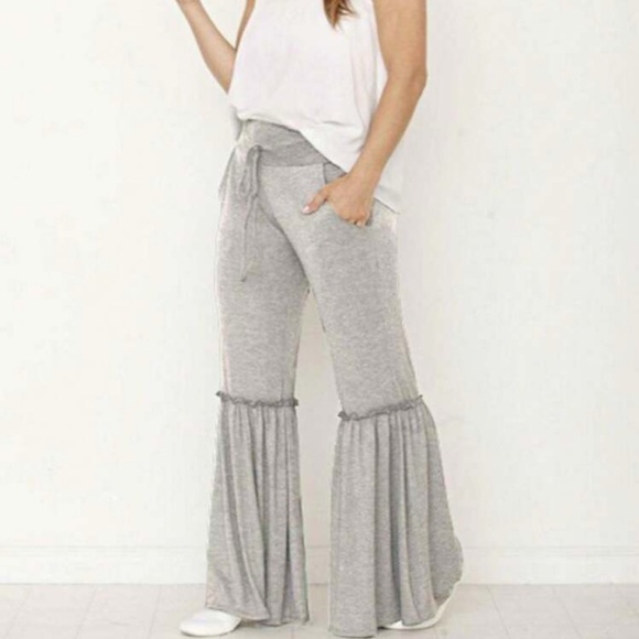Solid Color Drawstring Wide Leg Bell Bottom Ruffle Lounge Pants - Picture 4 of 4